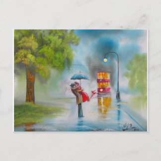 Cartão Postal Casal romântico de guarda-chuva vermelho em dia ch
