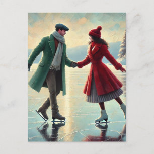 Cartão Postal Casal Romântico - Ice - Patinação num lago congela