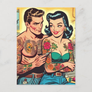 Cartão Postal Casal Tatuado Histórias em quadrinhos Vintage