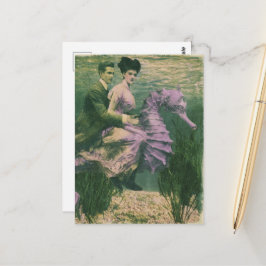 Cartão Postal Casal Vintage Fofo em seu cavalo-marinho roxo