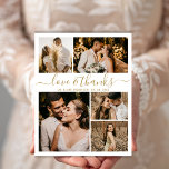 Cartão Postal Casamento 5 Foto Colagem Amor e Obrigados Obrigado<br><div class="desc">Colagem De Fotos Elegante, Dourada Minimalista, 5 Muito Obrigado, Cartão-Postal. Cartões de agradecimentos de casamento moderno com cinco (5) fotos na frente e uma (1) foto no verso. Com o texto "Amor e obrigados" em uma letra escrita tipográfica escrita, escrita à mão, em ouro, em cor branca de fundo. Adicione...</div>