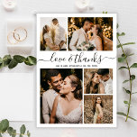Cartão Postal Casamento 5 Foto Colagem Amor e Obrigados Obrigado<br><div class="desc">Elegante, Mínima Colagem Fotográfica De Casamento 5, Obrigado Cartaz. Cartões de agradecimentos de casamento moderno com cinco (5) fotos na frente e uma (1) foto no verso. Com o texto "Amor e obrigados" em uma letra escrita tipográfica escrita, escrita à mão, em preto, sobre fundo branco. Adicione o seu nome,...</div>