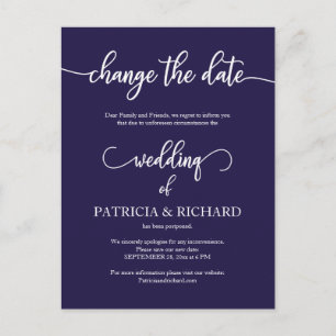 Cartão Postal Casamento Adiado Barato Elegante Azul Marinho