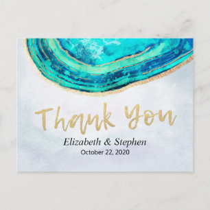 Cartão Postal Casamento Agradecimento Aquarela Turquesa Dourado