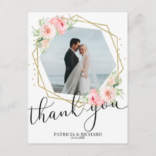 Cartão Postal Casamento Agradecimento Blush Floral Folha Dourada