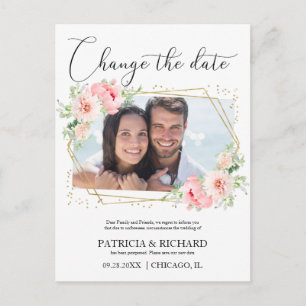 Cartão Postal Casamento Alterar a Data Blush Floral Foto