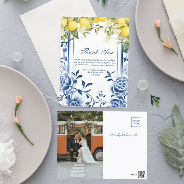 Cartão Postal Casamento amarelo-limão e azul-marinho Obrigado (Criador carregado)