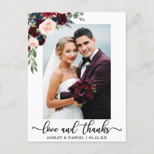 Cartão Postal Casamento Amor e Agradecimento Burgundy Azul Flora