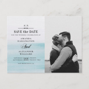 Cartão Postal Casamento azul de Watercolor. Guardar Náutico Data