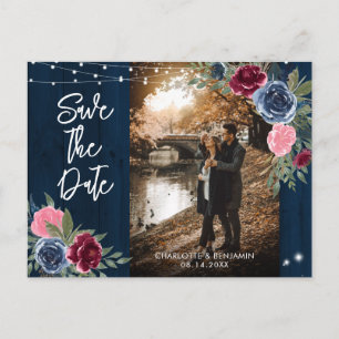 Cartão Postal Casamento Azul Marinho Borgonha Blush Foto Salvar 