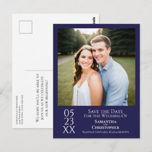 Cartão Postal Casamento Azul Simples de Marinho Salve a Foto da