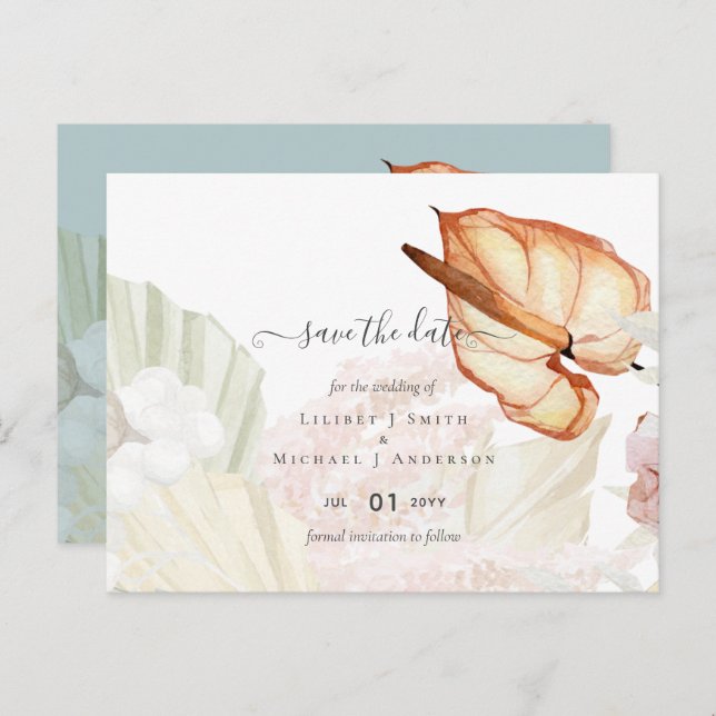 Cartão Postal Casamento Boho com Grama das Pampas Tropical (Frente/Verso)