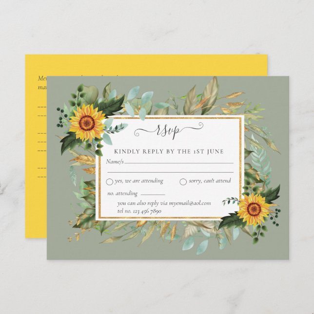 Cartão Postal Casamento Boho Sunflower Sage Greenery (Frente/Verso)