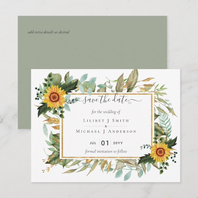 Cartão Postal Casamento Boho Sunflower Sage Greenery (Frente/Verso)