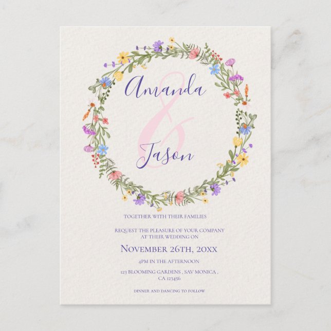 Cartão Postal Casamento bonito de flores silvestres púrpuras (Frente)