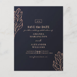 Cartão Postal Casamento botânico dourado da marinha. Salve a dat