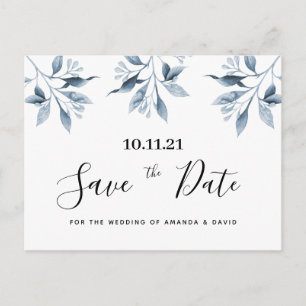 Cartão Postal Casamento botânico floral azul Salve a data