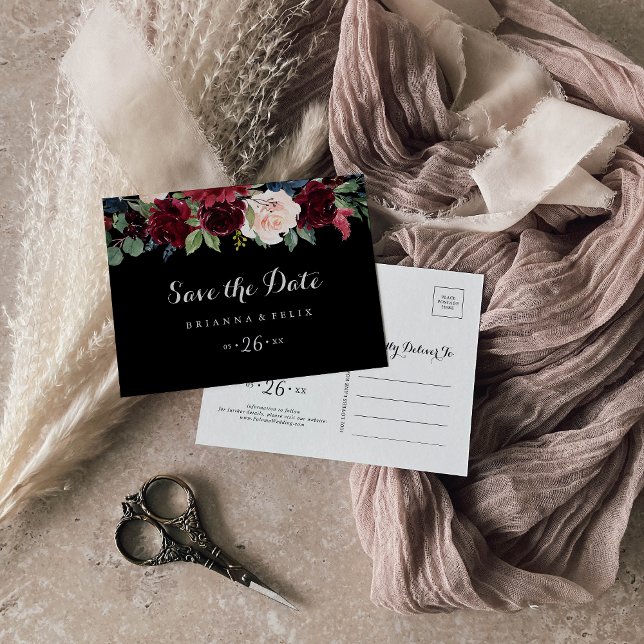 Cartão Postal Casamento Botânico Negro Russo Salve a Data (Criador carregado)