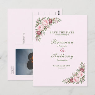 Cartão Postal Casamento botânico romântico rosa poeira de peônia