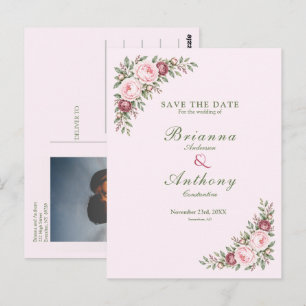 Cartão Postal Casamento botânico romântico rosa poeira de peônia