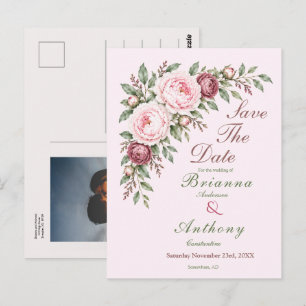 Cartão Postal Casamento botânico romântico rosa poeira rosa peôn