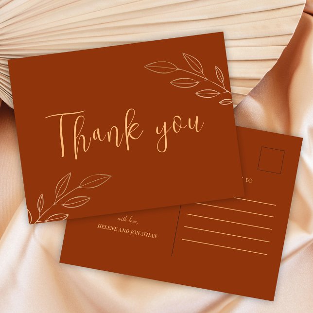 Cartão Postal Casamento Burnt Orange Terracotta Boho Obrigado (Burnt Orange Terracotta Boho Wedding Thank You Postcard)