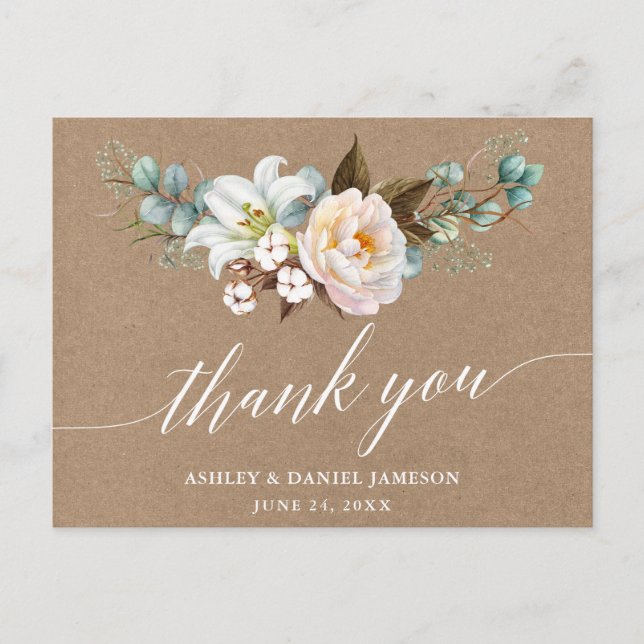 Cartão Postal Casamento Caligrafia Floral Botânica Kraft Obrigad (Frente)