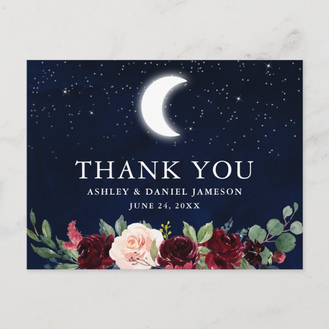 Cartão Postal Casamento Celestial Céu Lua Estrelas Floral Agrade (Frente)