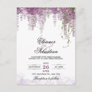 Cartão Postal Casamento Código QR Roxo Wisteria Romântico