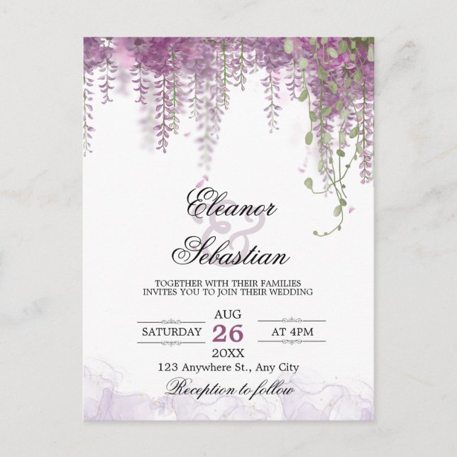 Cartão Postal Casamento Código QR Roxo Wisteria Romântico (Frente)