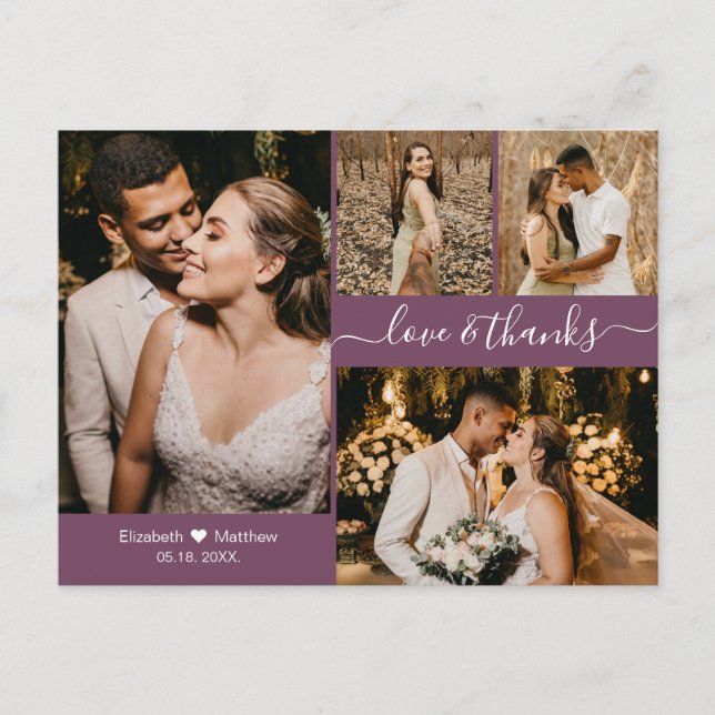 Cartão Postal Casamento com a Colagem de Fotos Moderna Mauve 4 O (Frente)