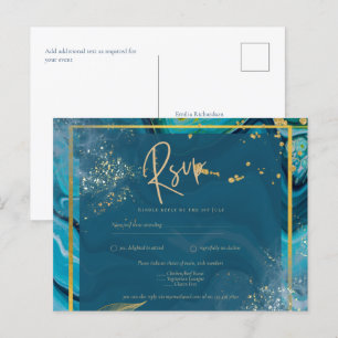 Cartão Postal Casamento com Abstrato de Pavock Blue Dourado INK