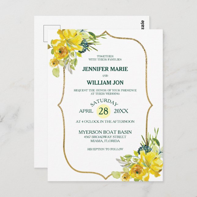 Cartão Postal Casamento com Buquê Ouro Floral Amarelo Primavera  (Frente/Verso)