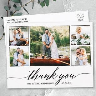 Cartão Postal Casamento com Caligrafia Moderna 5 Foto Obrigado