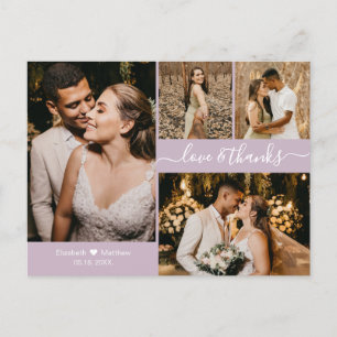 Cartão Postal Casamento com Colagem de Fotos Lilac 4 Obrigado