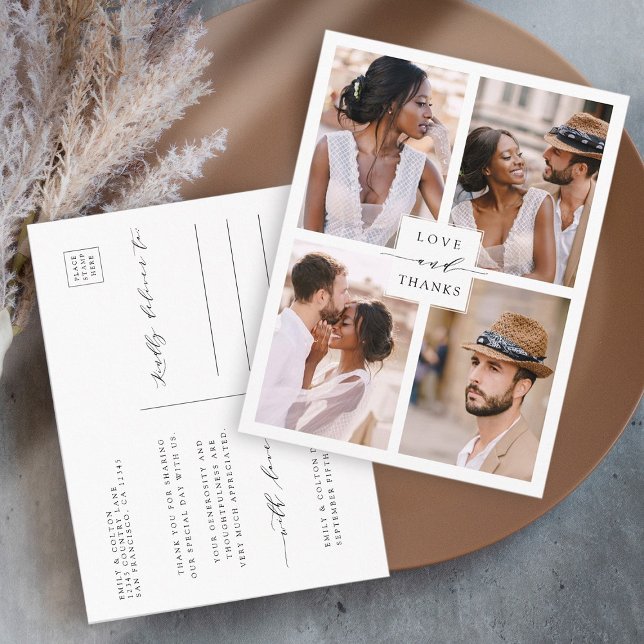 Cartão Postal Casamento com Colagem de Fotos Moderna 4 Obrigado (Front & Back)