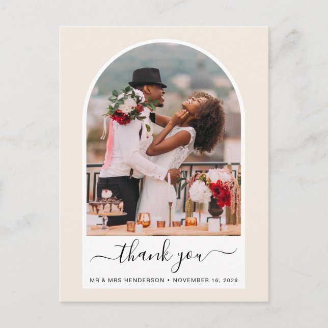 Cartão Postal Casamento com Creme Fotográfico Archado Obrigado (Frente)
