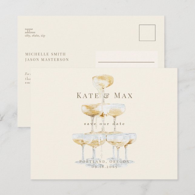 Cartão Postal Casamento com Creme Moderno da Torre de Champagne  (Frente/Verso)
