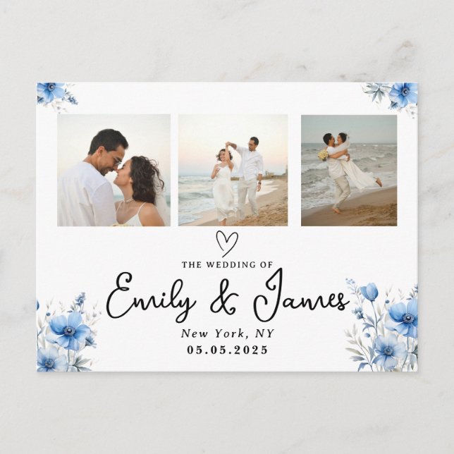 Cartão Postal Casamento com Fita de Foto com Script Preto Azul (Frente)