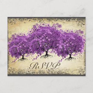 Cartão Postal Casamento com folhas de folhas de coração roxo rad