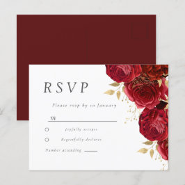 Cartão Postal Casamento com Folhas Douradas Românticas de Rosas 