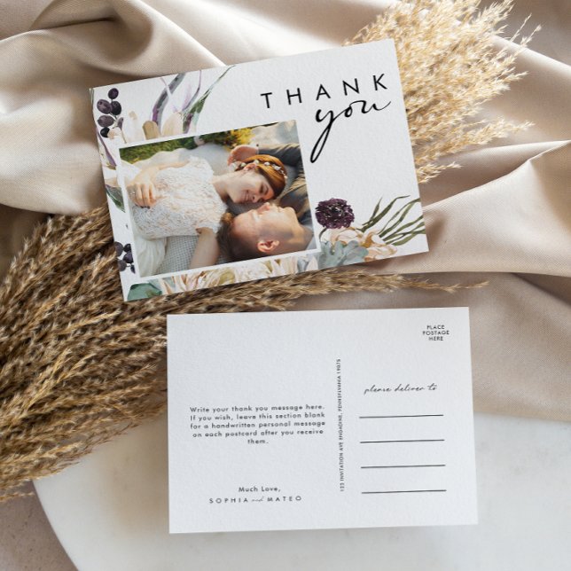 Cartão Postal Casamento com Foto de Script Floral Branco Obrigad (Criador carregado)