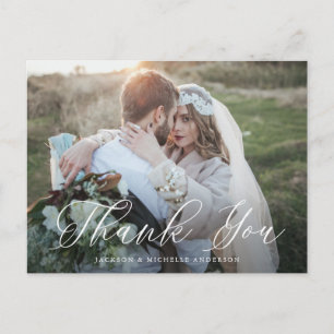 Cartão Postal Casamento com Fotografias Elegante Branco Obrigado