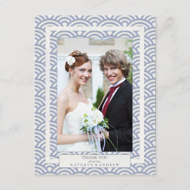 Cartão Postal Casamento com Seigaiha Japonês Obrigado/Foto Perso (Frente)