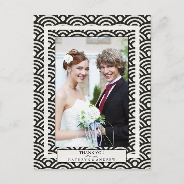 Cartão Postal Casamento com Seigaiha Japonês Obrigado/Foto Perso (Frente)