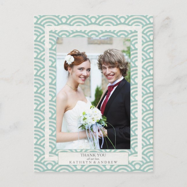 Cartão Postal Casamento com Seigaiha Japonês Obrigado/Foto Perso (Frente)