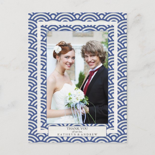 Cartão Postal Casamento com Seigaiha Japonês Obrigado/Foto Perso (Frente)