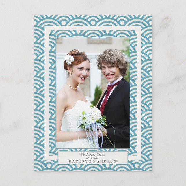 Cartão Postal Casamento com Seigaiha Japonês Obrigado/Foto Perso (Frente)