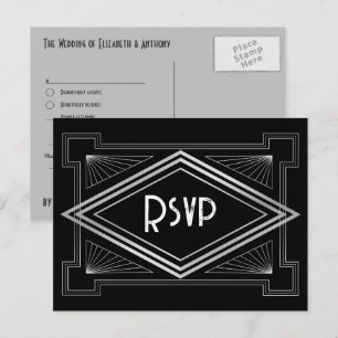 Cartão Postal Casamento com tema Art Déco Preto e Prata inspirad