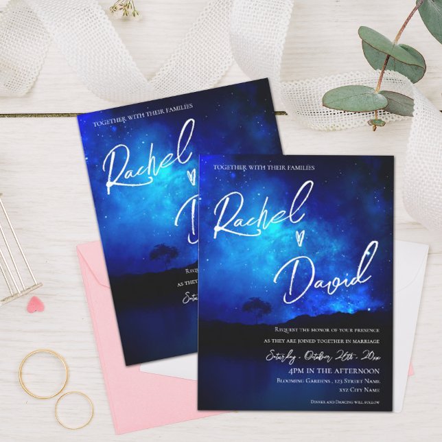 Cartão Postal Casamento com Tipografia Noite das Estrelas (Cute Under the Stars Night Sky Typography Wedding Invitation Postcard)